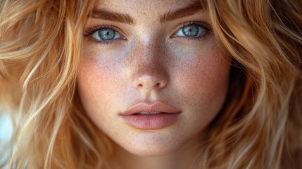 Poster - Close-up shot of a woman's face with distinctive freckles, great for personal or beauty-related uses