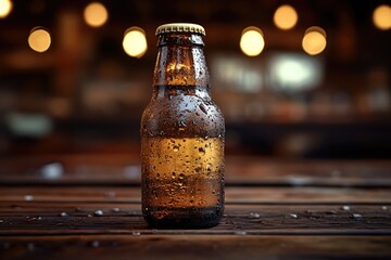 Poster - A single bottle of beer sitting on top of a wooden table