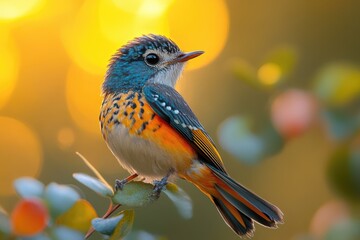 Poster - Colorful bird perched on a tree branch, looking around