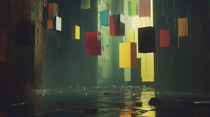 Poster - Artistic display of colorful boxes in a surreal indoor environment digital art contemporary setting
