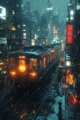 Aufkleber - A train travels down a city street at night, with bright lights and bustling atmosphere