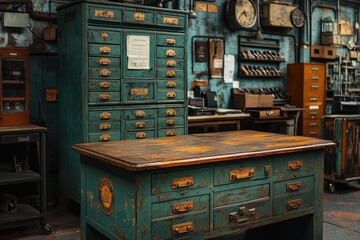 Aufkleber - A clutter-free storage room with many drawers and a wooden table for organizing