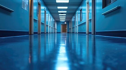 Poster - A long corridor with blue walls and floor, ideal for interior design or architectural use