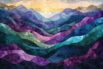 Poster - Abstract mountain landscape at sunset, depicted in vibrant jewel tones and geometric shapes.