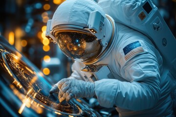 Aufkleber - Astronaut repairing equipment in space suit, technology background
