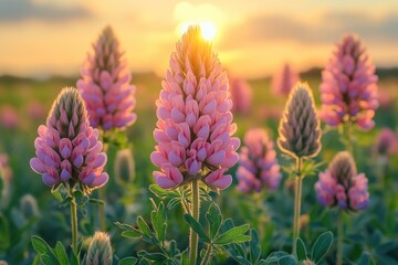 Poster - Purple flowers bloom in a field as the sun sets in the background, suitable for use in travel or nature-themed projects
