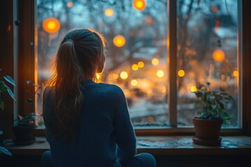 Poster - A woman sits on a windowsill looking outside