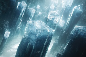 Fototapete - A breathtaking view of a crystalline city, towering ice structures gleaming under an ethereal light.