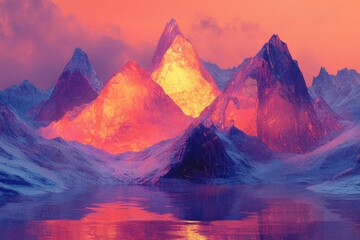 Poster - Majestic snow-capped mountains ablaze with vibrant sunset hues reflected in a tranquil lake.