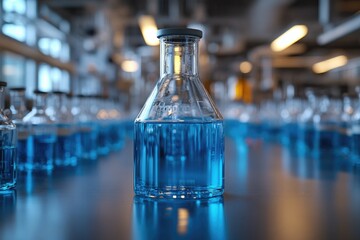 Poster - A collection of glass containers filled with a bright blue substance, potentially used for chemical experiments or medical applications