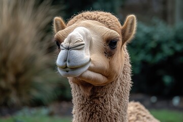Poster - A close-up of a camel's face with a bush in the background