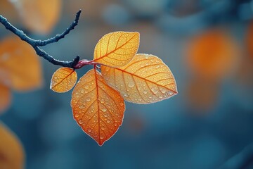 Poster - A close-up view of a single leaf on a tree branch, with natural textures and details