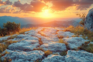 Poster - A serene scene of the sun setting over a rocky landscape, perfect for use in travel or adventure-themed projects