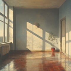 Aufkleber - A room interior with a plant and a clock on the wall, ideal for use in lifestyle or office settings