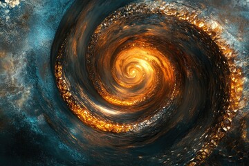 Poster - A fiery cosmic vortex spirals inward, glowing orange and gold at its center, surrounded by dark teal and textured rock formations.