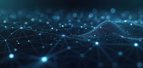 Poster - Abstract futuristic background displays network connection structure with glowing dots, lines. Geometric design evokes modern digital tech, interconnected web, complexity. Excellent for graphic