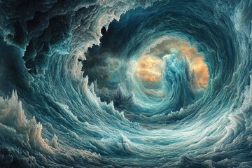 Aufkleber - Abstract swirling ocean waves creating a vortex leading to a serene, light-filled sky.