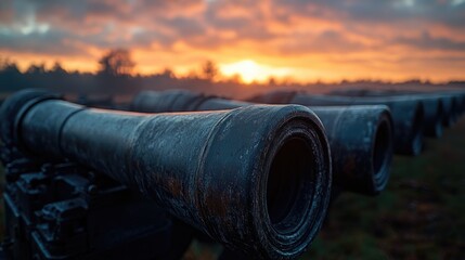 Aufkleber - A close-up shot of a cannon with a warm sunset glow in the background