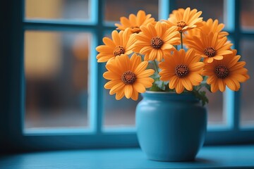Poster - A blue vase filled with yellow flowers sits on a windowsill