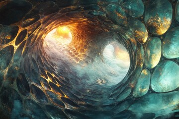 Poster - Abstract swirling tunnel with glowing orbs, textured walls, and a mystical, otherworldly atmosphere.