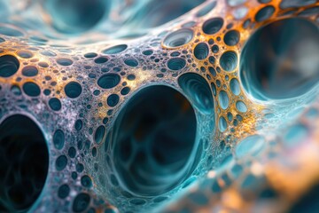 Fototapete - Abstract 3D render of a porous, cavernous structure with teal and gold hues, resembling a complex organic form.