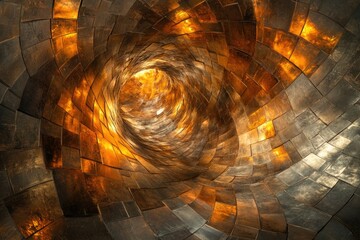 Fototapete - Abstract swirling tunnel of bronze metallic tiles with warm light illuminating the interior.