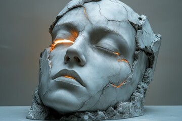 Poster - A sculpture of a woman's face with glowing eyes, perfect for fantasy and sci-fi concepts