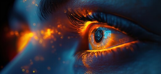 Poster - Futuristic close-up of an eye with glowing orange and blue digital elements