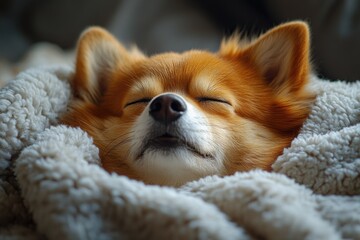 Aufkleber - A small dog snuggles up in a cozy blanket, appearing to be fast asleep