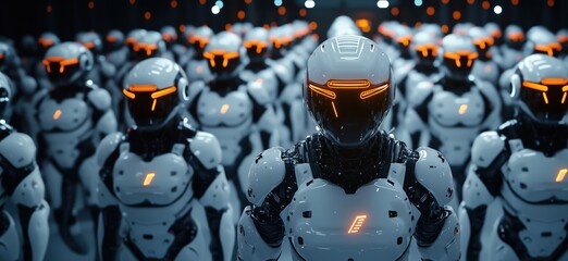 Poster - Futuristic army of humanoid robots with glowing orange accents in a high-tech environment