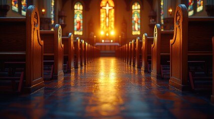 Poster - A peaceful, abandoned church interior with colorful stained glass windows and wooden pews