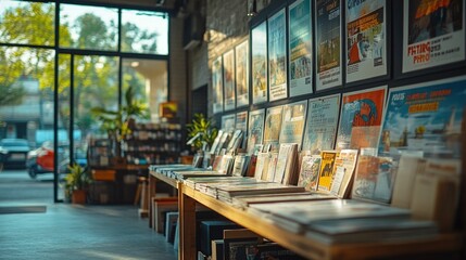 Poster - A busy bookstore with numerous books on shelves, ideal for depicting a literary scene or representing knowledge and learning
