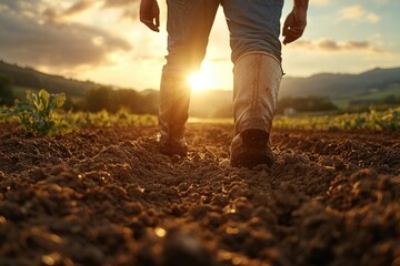 Aufkleber - A person stands in a field at sunset with the orange sky and green grass