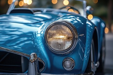Poster - A detailed shot of a blue vehicle's front end, with bright lights shining in the background