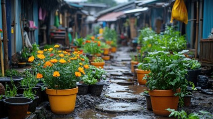 Aufkleber - Row of potted plants sitting outside on a rainy day, perfect for a home decor or weather themed image