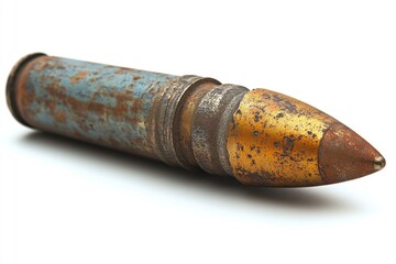 Poster - A single old rusty bullet sits on a white surface