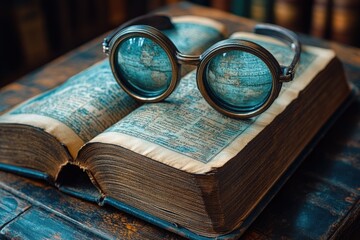 Poster - A pair of reading glasses resting on the cover of an open book, ideal for academic or literary settings