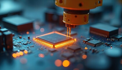 Leinwandbilder - Robotic arm precisely assembling microchip on circuit board. Modern technology in electronics manufacturing. Automation, robotic excellence, advancement. Engineering production innovation, hi-tech