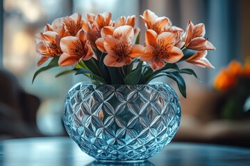 Poster - A simple still life of orange flowers in a vase on a table, suitable for home decor or everyday use