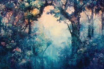 Poster - Enchanted forest scene, ethereal watercolor painting of trees and misty valley.