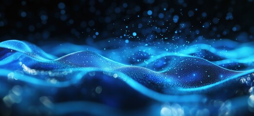 Poster - Abstract blue water waves with sparkling droplets and bokeh effect in dark background