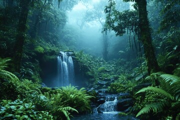 Poster - Serene waterfall cascading through a mystical, fog-laden rainforest, lush greenery.