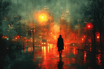 Poster - A person braving the rain at night, with streetlights and shadows creating a moody atmosphere