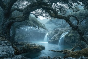 Poster - Enchanted waterfall cascading through mystical forest, ancient trees draped in mist, serene and ethereal.
