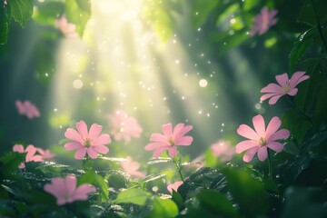 Poster - A bunch of pink flowers growing in a green meadow, perfect for spring or garden themed designs
