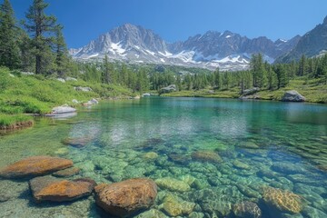 Poster - A serene mountain lake with crystal-clear water and majestic surrounding mountains