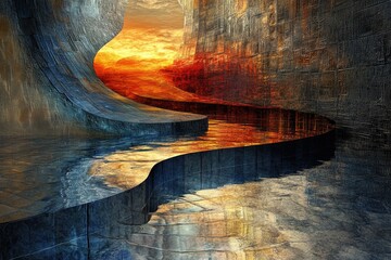 Aufkleber - Abstract art depicting a surreal, fiery sunset reflected in a dark, curving waterway within a textured, stone-like structure.