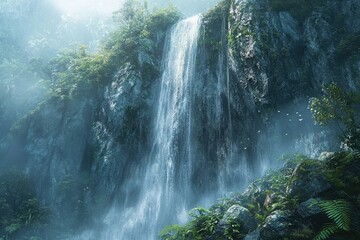 Poster - Misty waterfall cascading down a lush, green cliff face, creating a serene and mystical atmosphere.