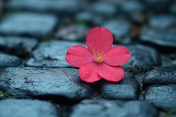 Poster - A single pink flower sits atop a stone walkway, perfect for use in garden or nature-inspired designs