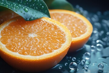 Poster - A close-up shot of an orange with water droplets glistening on its surface, perfect for use in food or still life photography